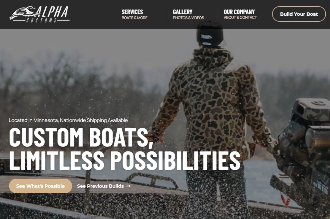 Homepage and boat configurator Tech and Mech built for Alpha Custom Boats