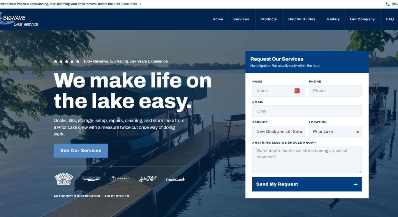 Homepage Tech and Mech built for BigWave Lake Service