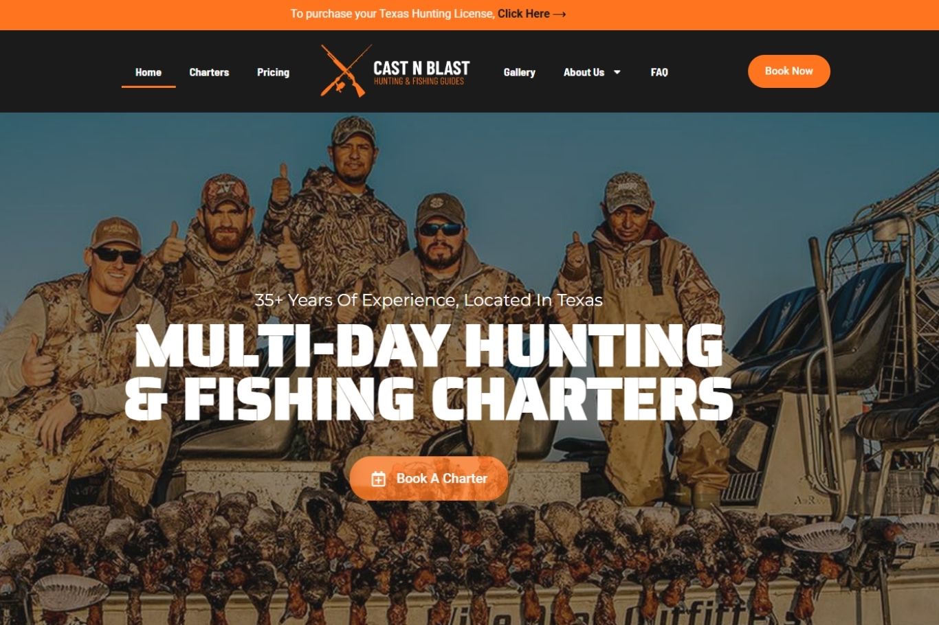 Homepage and charter booking system Tech and Mech built for Cast N Blast