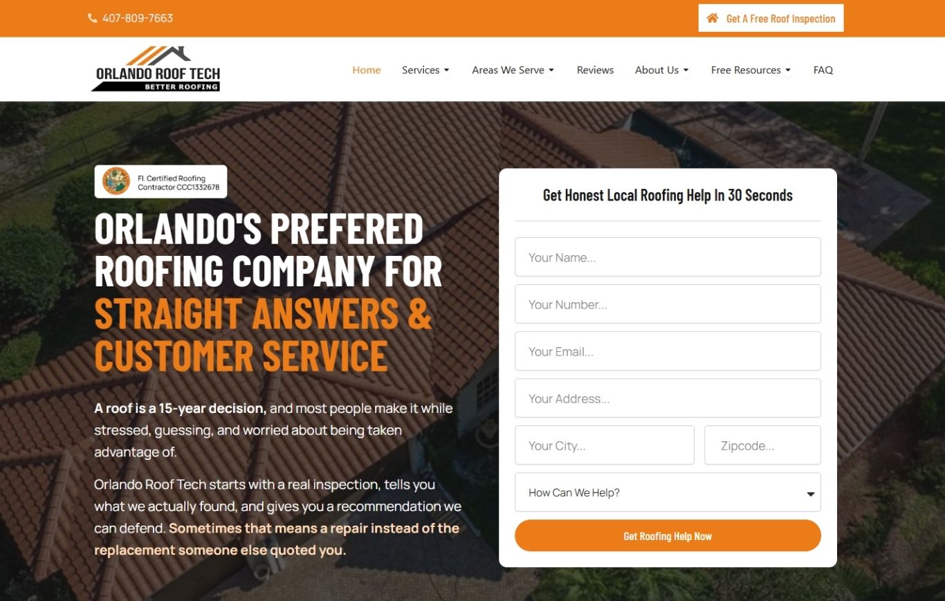Homepage Tech and Mech built for Orlando Roof Tech