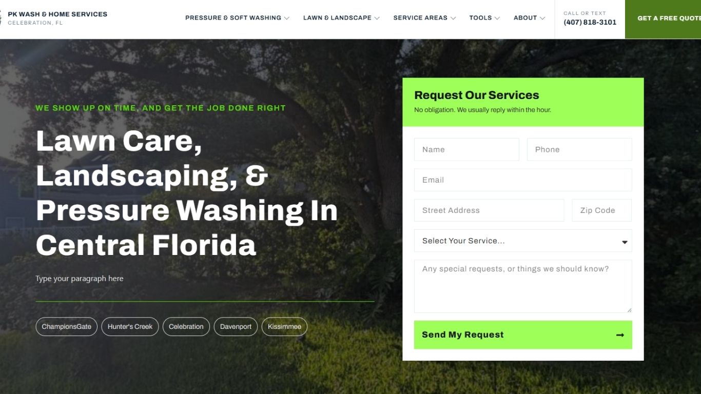 Homepage Tech and Mech built for PK Wash and Home Services