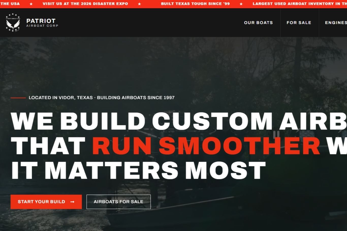 Homepage and 3D airboat builder Tech and Mech built for Patriot Airboats