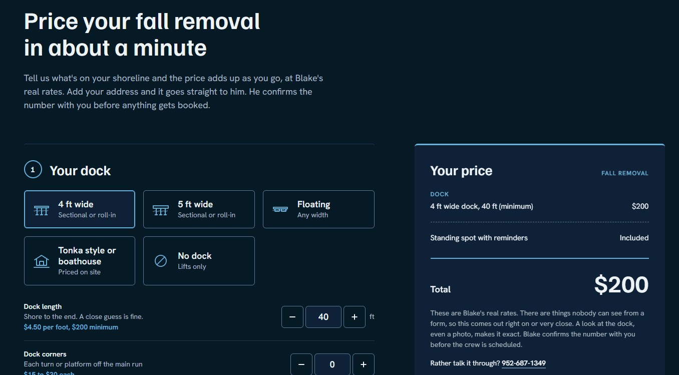 BigWave's dock removal pricing tool: pick your dock, set the length, see the price