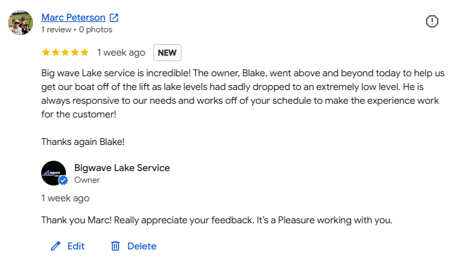 Five-star Google review for BigWave Lake Service from Marc Peterson, with the owner's reply