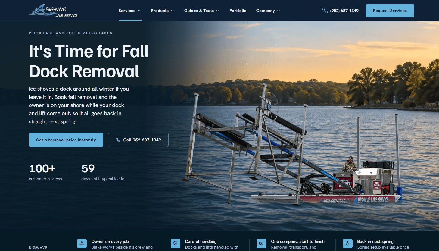BigWave Lake Service homepage, built by Tech and Mech: fall dock removal, 100 plus reviews, owner on every job